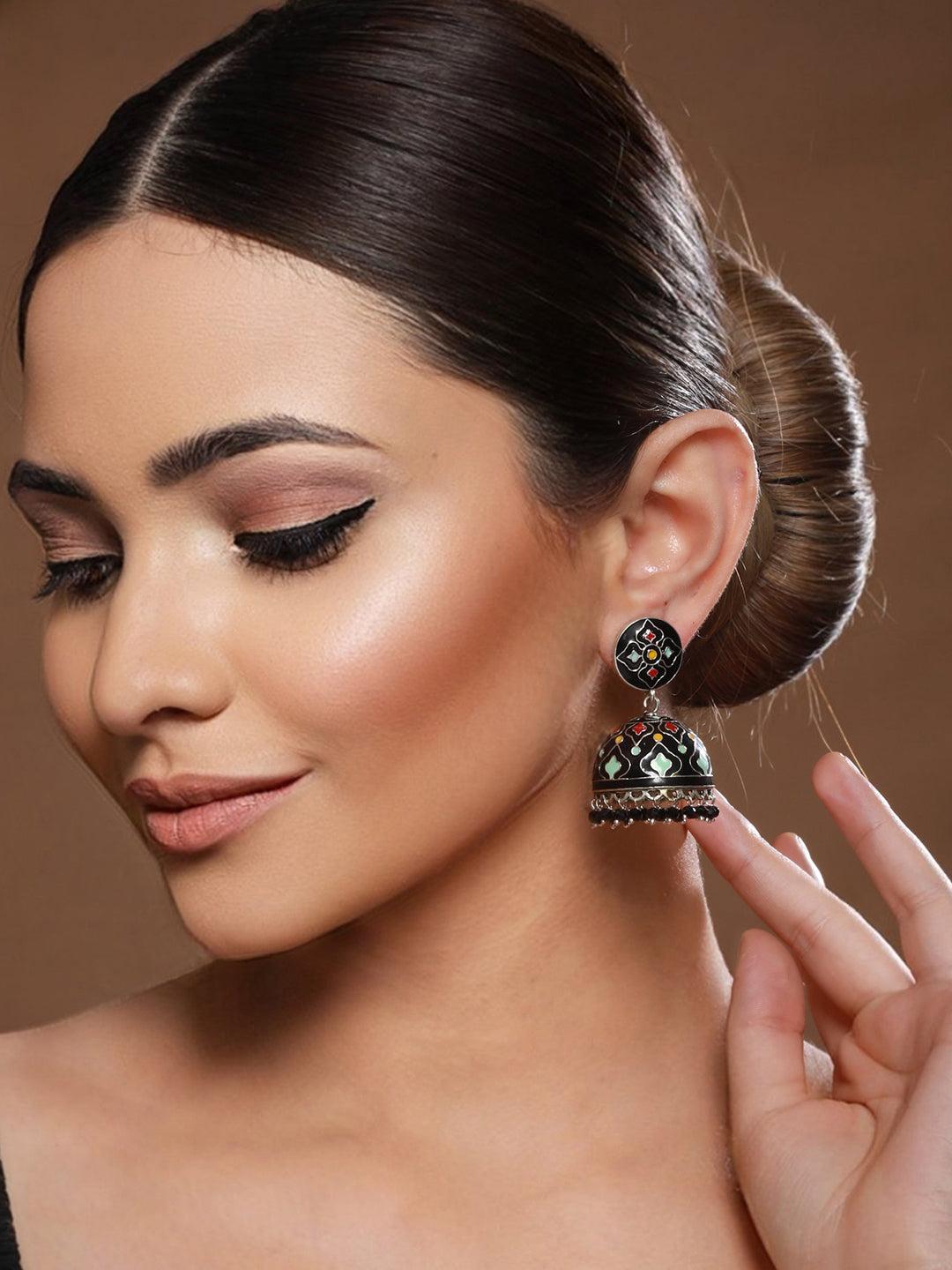 Black Designer Handpainted Jhumka Earrings